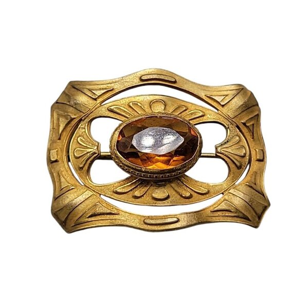 Buckle Style Czech Glass Brooch Light Brown Boho Stone Gold Tone Setting - Picture 6 of 10